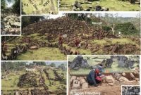 Foto ini merupakan kolase dokumentasi ilmiah penelitian Gunung Padang yang menampilkan berbagai sudut situs megalitik serta aktivitas ekskavasi arkeologi di lapangan.