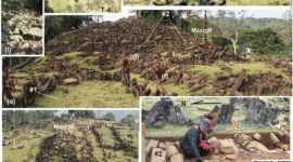 Foto ini merupakan kolase dokumentasi ilmiah penelitian Gunung Padang yang menampilkan berbagai sudut situs megalitik serta aktivitas ekskavasi arkeologi di lapangan.