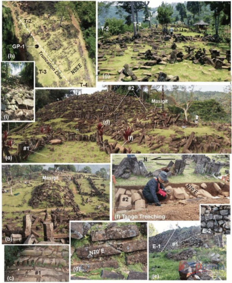 Foto ini merupakan kolase dokumentasi ilmiah penelitian Gunung Padang yang menampilkan berbagai sudut situs megalitik serta aktivitas ekskavasi arkeologi di lapangan.